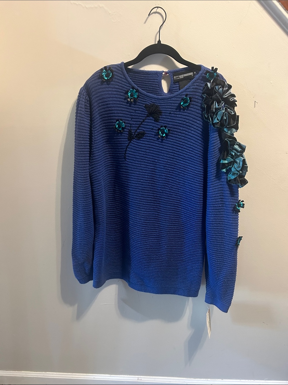 Preview International Cobalt Blue Crewneck Sweater with Teal Floral Accents